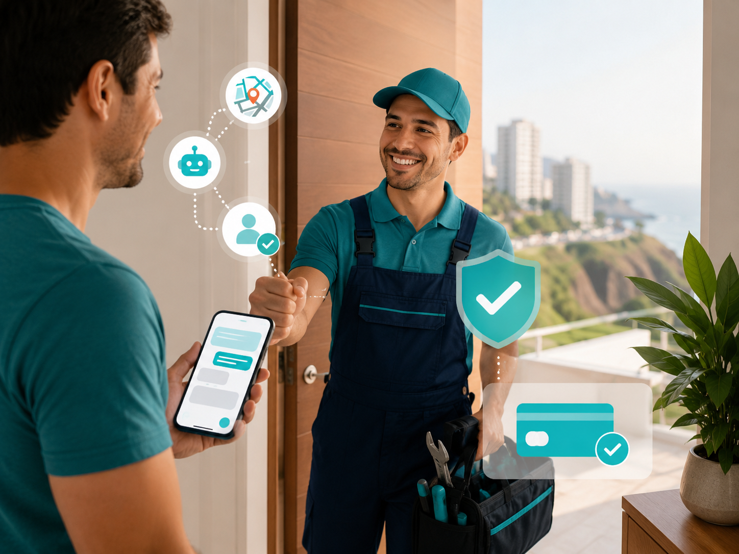 Cliente saludando a un proveedor de mantenimiento en la puerta de un departamento con vista a Lima, con íconos flotantes de mapa, bot, usuario verificado y tarjeta de pago.