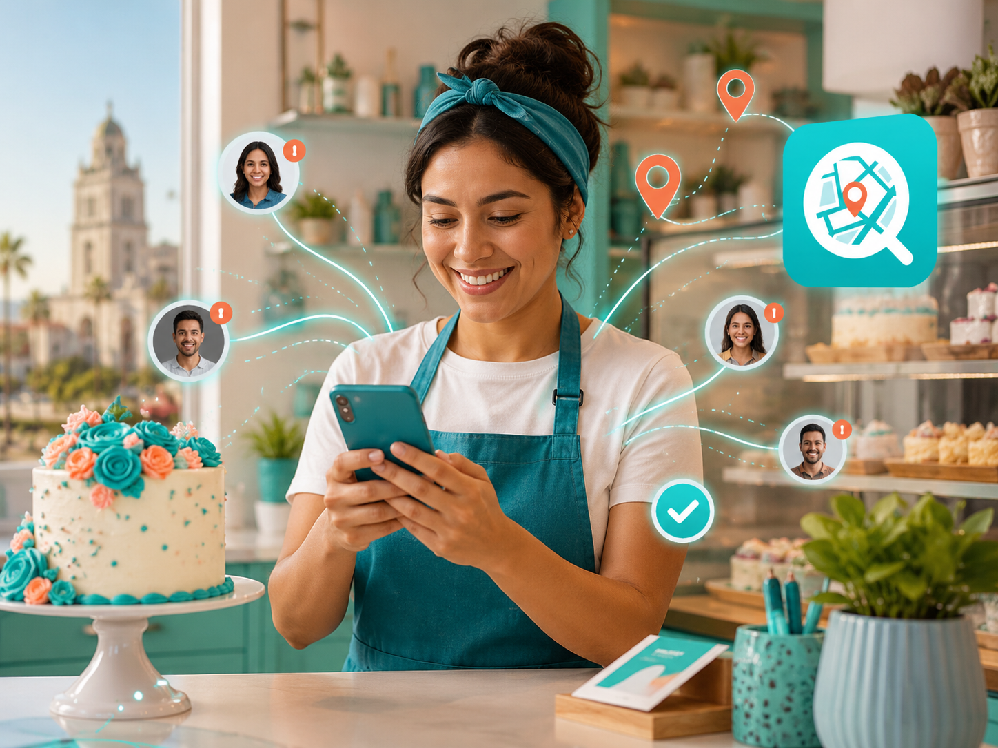 Pastelera sonriendo mirando su celular en su tienda, con avatares de clientes conectándose y el ícono de Findy flotando.